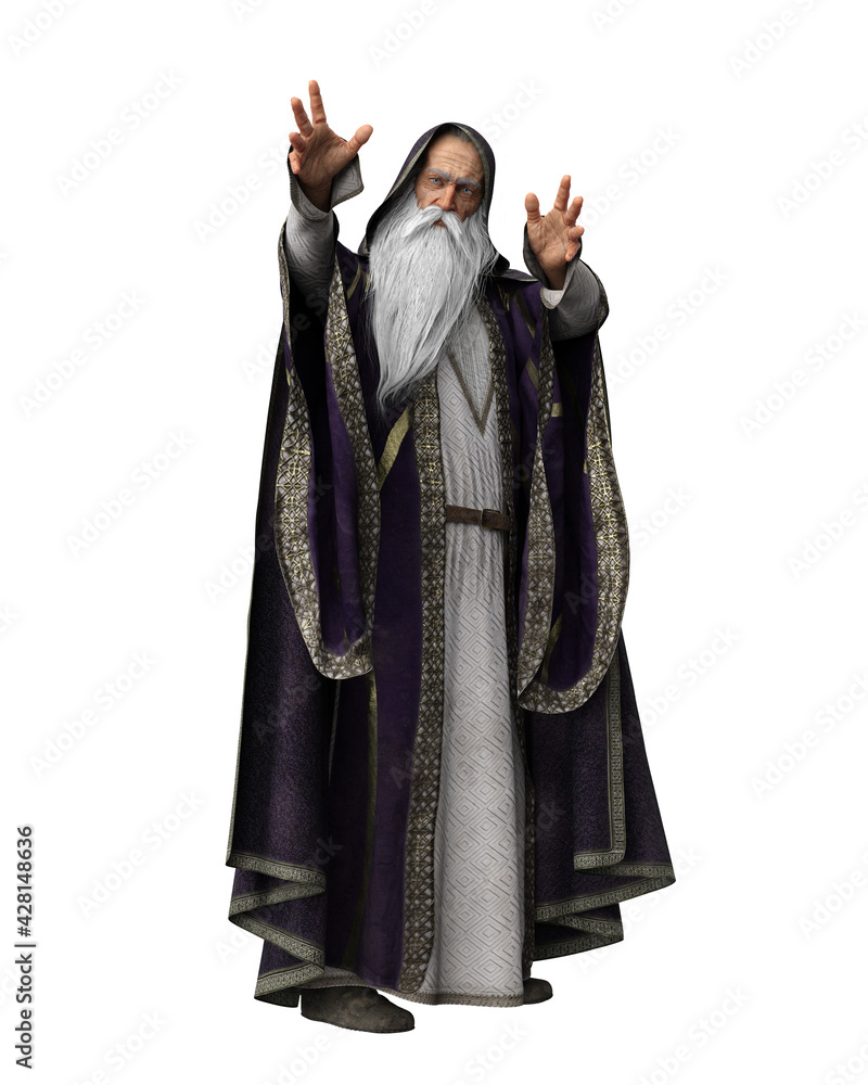 Obraz premium 3D illustration of a wise old bearded wizard in purple costume isolated on white.