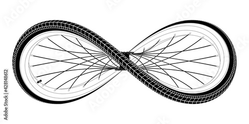 Sport bicycle wheel curved like Infinity sign. Symbol of a cycling lifestyle. Vector tattoo illustration.