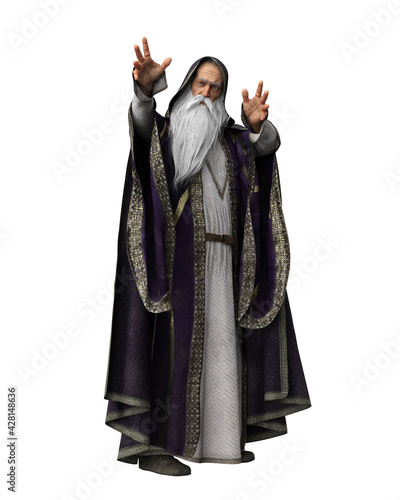 3D illustration of a wise old bearded wizard in purple costume isolated on white.