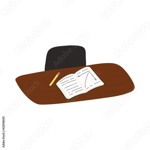 School desk, pupil or student workplace. Table, chair and exercise book with pencil. Ready to study concept.