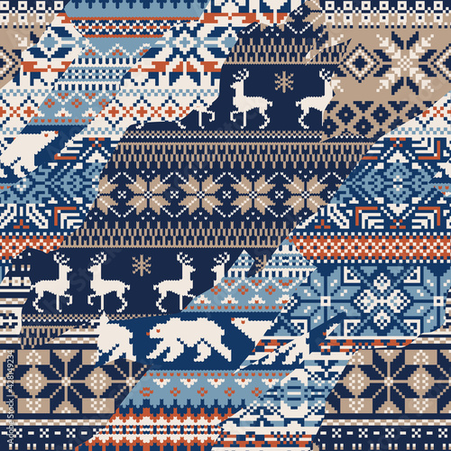 Norwegian traditional knitted jacquard patchwork abstract textile vector seamless pattern