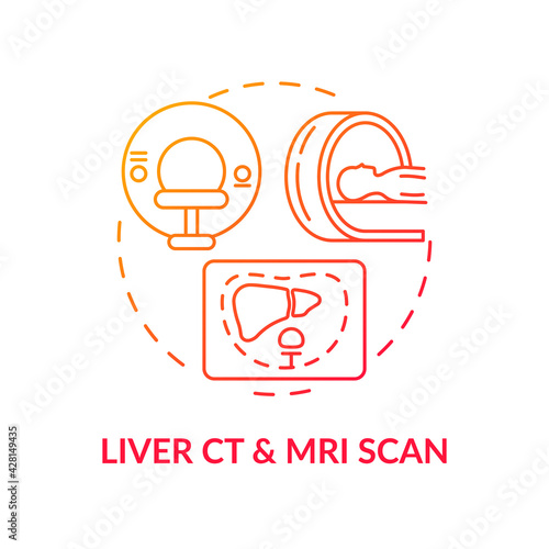 Liver CT and MRI scan concept icon. Liver cancer diagnosis idea thin line illustration. Computed tomography. Biliary tract test. Looking for blockages, tumor. Vector isolated outline RGB color drawing photo