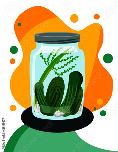 vector graphic with pickles in the jar with garlic parts and herbs, on yellow background, perfect for menu or social media post
