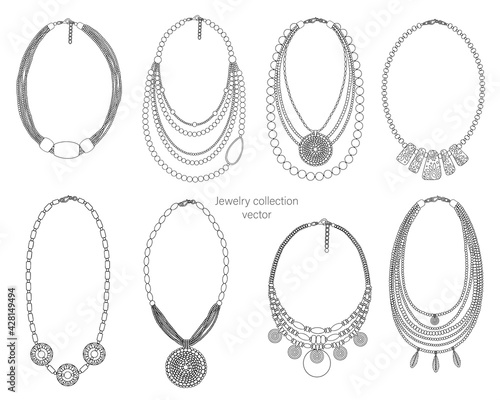 Jewelry collection of necklaces. Outline vector illustration isolated on a white background.