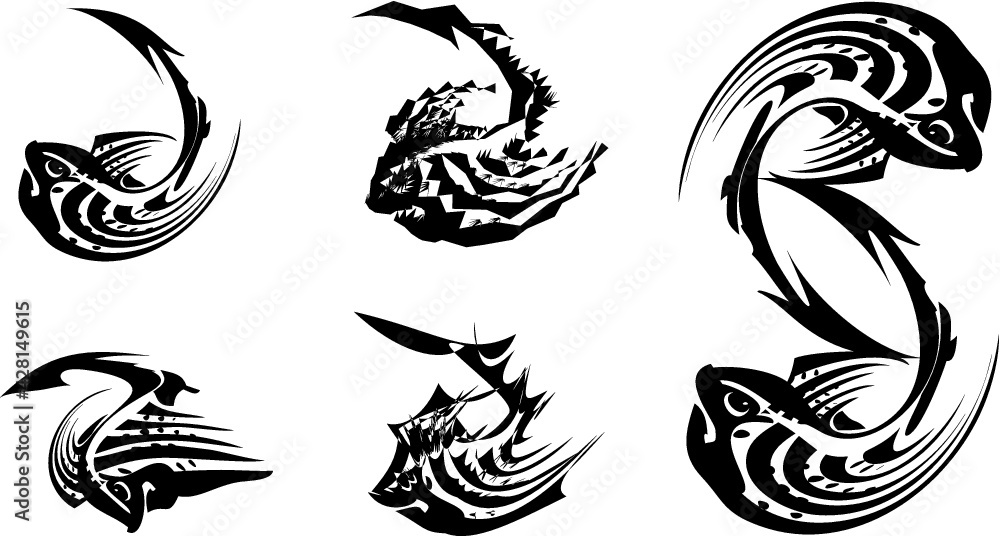 Twirled tribal fish symbols in black and white tones. Fish symbols with