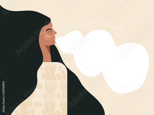 Calm breathing woman with closed eyes African american female character practice deep breathing. Young modern girl doing inhale exhale breath exercise for stress relief. Flat cartoon illustration
