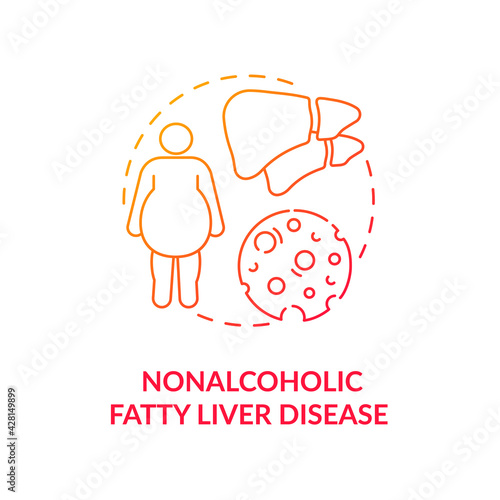 Nonalcoholic fatty liver disease concept icon. Liver disease type idea thin line illustration. Stomach pain and swelling. Serious damage. High cholesterol. Vector isolated outline RGB color drawing