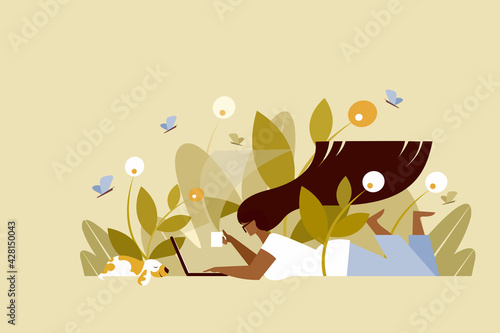 Illustration of a young woman using laptop in a beautiful outdoor location