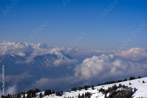 View over Swiss alps from Mount Rigi, Switzerland. Photo taken April 14th, 2021, Rigi Kulm, Switzerland.
