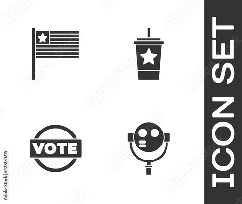 Set Tourist binoculars, American flag, Vote and Paper glass with straw icon. Vector