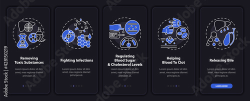 Hepatic functions onboarding mobile app page screen with concepts. Clotting, toxicity removal walkthrough 5 steps graphic instructions. UI, UX, GUI vector template with linear night mode illustrations