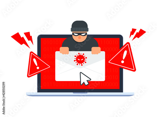 Email virus detection icon. Danger warning on a laptop. Emergency alert of threat by malware, virus, trojan, or phishing. Creative antivirus concept. Vector illustration design with the flat style.