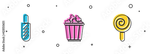 Set Hotdog sandwich, Popcorn in box and Lollipop icon. Vector