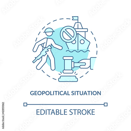 Geopolitical situation concept icon. Oil price factor idea thin line illustration. Geographical factors affection on politics. Vector isolated outline RGB color drawing. Editable stroke