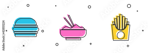 Set Burger, Rice in a bowl with chopstick and Potatoes french fries box icon. Vector