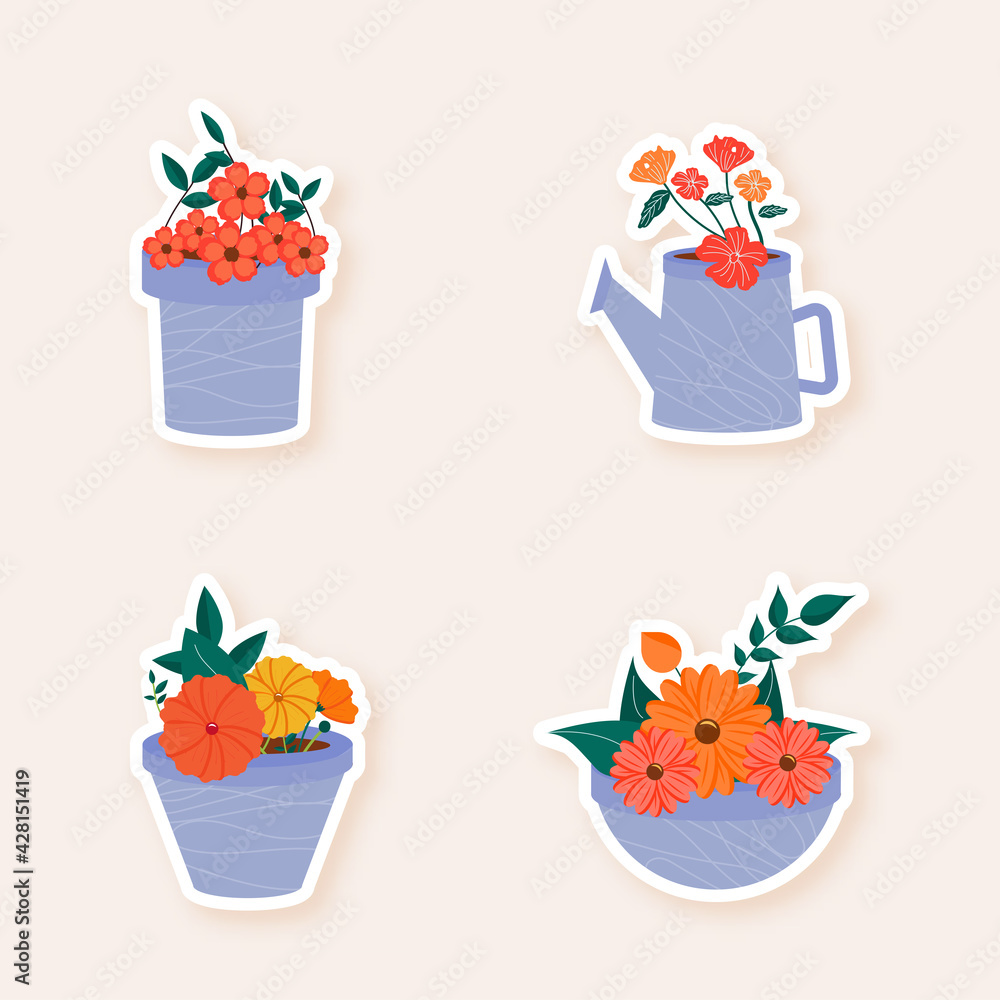 Sticker Style Flower Pots Set On Beige Background.