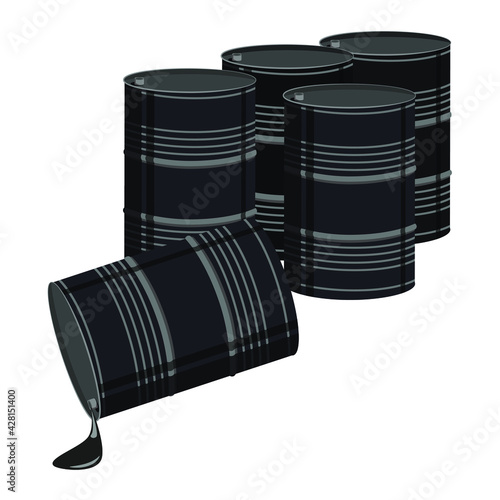 Oil barrel vector illustration on transparent background. Black metal 3d Detailed barrels of oil, gasoline, petroleum. Chemical drums isolated icon.