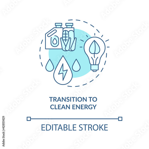 Transition to clean energy concept icon. Energy industry trend idea thin line illustration. Clean-energy economy. Climate change limitation. Vector isolated outline RGB color drawing. Editable stroke