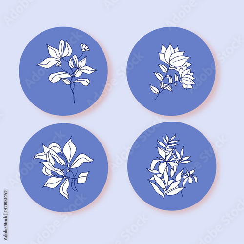 Round Floral Frame Set In Blue And White Color.