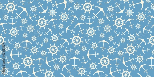 Nautical seamless pattern with ship wheels and anchors