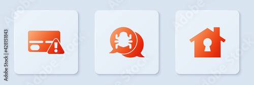 Set System bug, Credit card and House under protection. White square button. Vector
