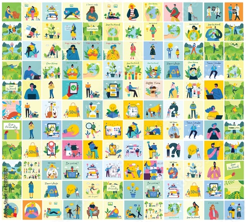 Vector illustration of Connection, Team leader, Online review, Time mamagement, Coworking space, Save the planet, Start up, Team work