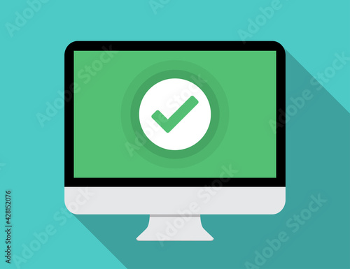 Monitor with green checkmark notification in a flat design