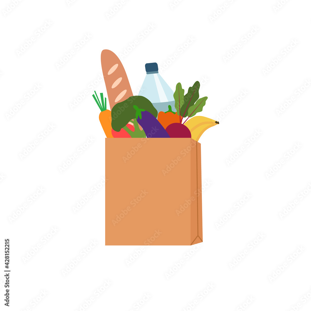 Naklejka Kraft paper shopping bag with fresh groceries icon, water bottle, banana, carrot, tomato, broccoli and baguette bread inside. Vector illustration cartoon flat style.