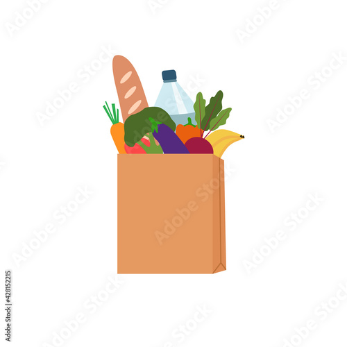 Kraft paper shopping bag with fresh groceries icon, water bottle, banana, carrot, tomato, broccoli and baguette bread inside. Vector illustration cartoon flat style.