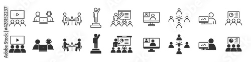 Business training and workshop icons collection in two different styles