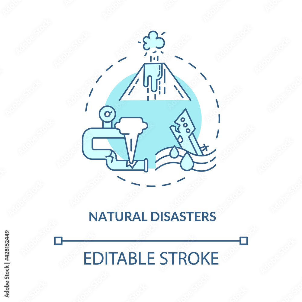 Natural disasters concept icon. Energy security threat idea thin line illustration. Disaster strikes. Impacts on environment. Vector isolated outline RGB color drawing. Editable stroke