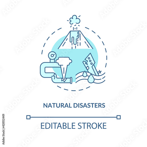 Natural disasters concept icon. Energy security threat idea thin line illustration. Disaster strikes. Impacts on environment. Vector isolated outline RGB color drawing. Editable stroke