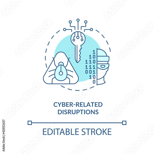 Cyber-related disruptions concept icon. Energy security threat idea thin line illustration. Affecting industry and trade. Network outage. Vector isolated outline RGB color drawing. Editable stroke