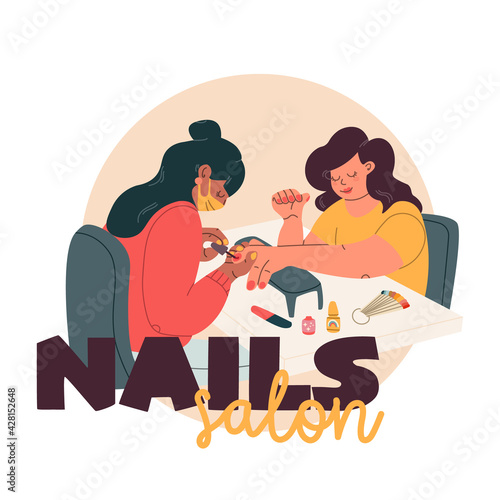 Nail salon illustration. Professional manicurist and nail artist at work. Two young women are doing a manicure. Trendy vector illustration.