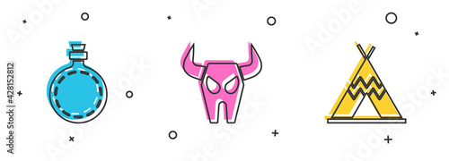 Set Canteen water bottle, Buffalo skull and Indian teepee or wigwam icon. Vector