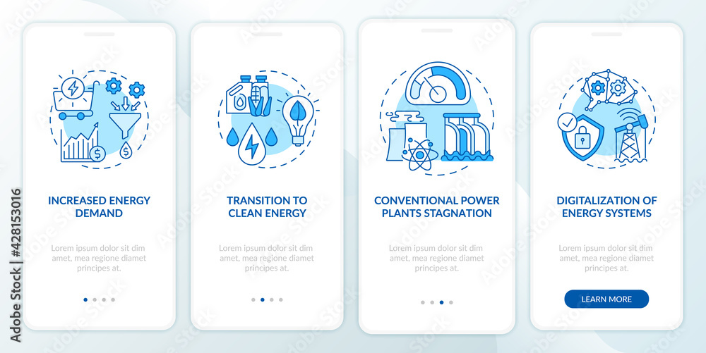 Energetics trends onboarding mobile app page screen with concepts. Increased energy demand walkthrough 4 steps graphic instructions. UI, UX, GUI vector template with linear color illustrations Energetics trends onboarding mobile app page screen with concepts. Increased energy demand walkthrough 4 steps graphic instructions. UI, UX, GUI vector template with linear color illustrations