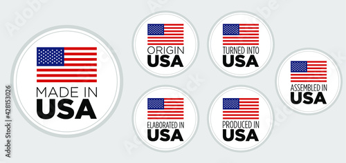 Set of badge logotype Made in USA, turn into united States of america, on white round background, symbol logo for packaging design