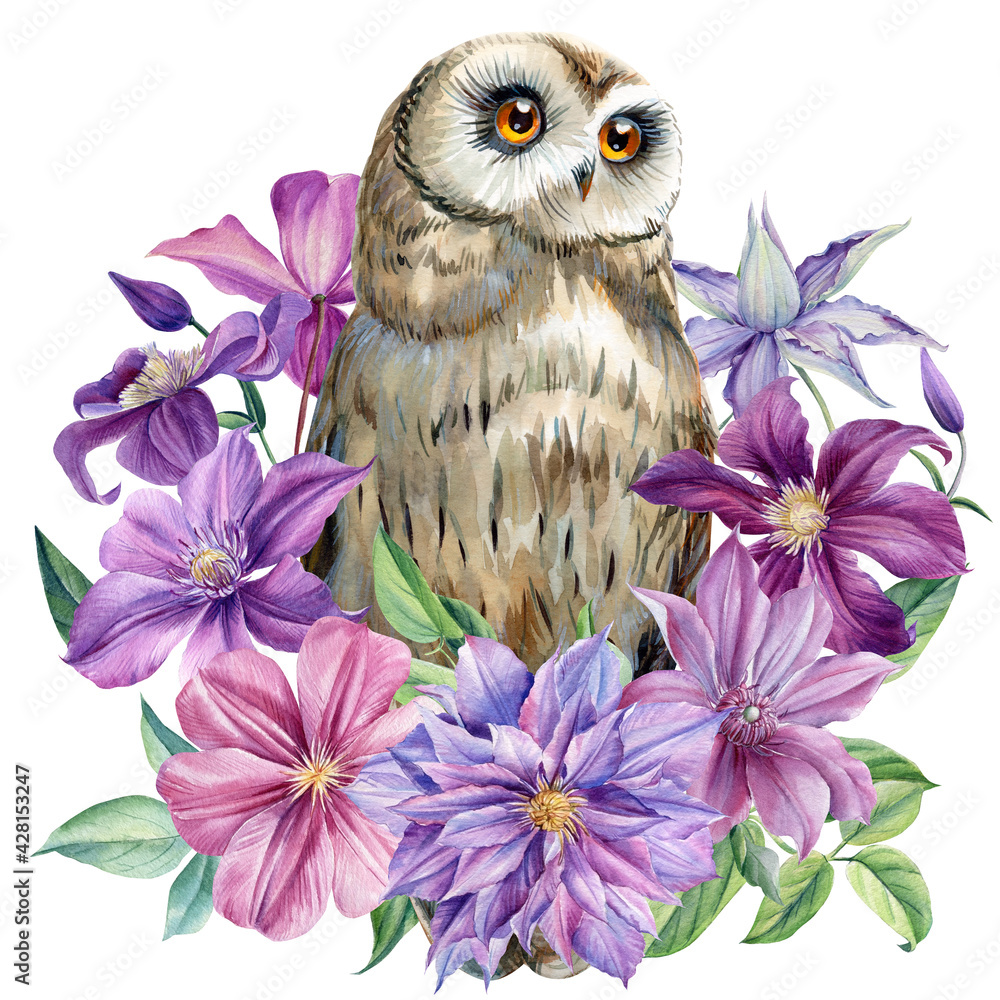 Cute owl with a bouquet of flowers on an isolated white background