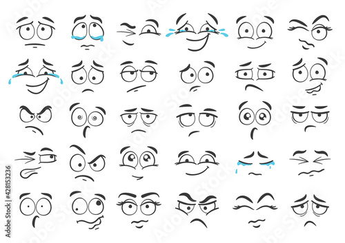 Cartoon faces. Hand drawn facial expressions, doodle face and different moods vector set