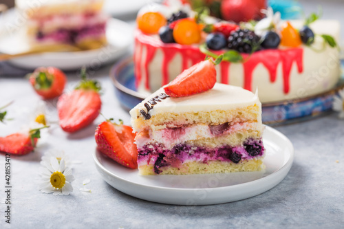 Fruit Cake and Tasty pastry. slice of cake. Raspberry cake. Devils cake. Wedding dessert. Birthday party. Delicious dessert.