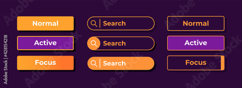 Active and inactive options UI elements kit. Choose settings, search tab isolated vector icon, bar and dashboard template. Web design widget collection for mobile application with dark theme interface