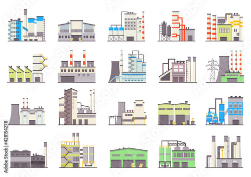 Industrial factory buildings. Warehouse, manufacturing building and power station flat vector icons set