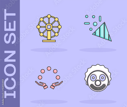 Set Clown head, Ferris wheel, Juggling ball and Festive confetti icon. Vector