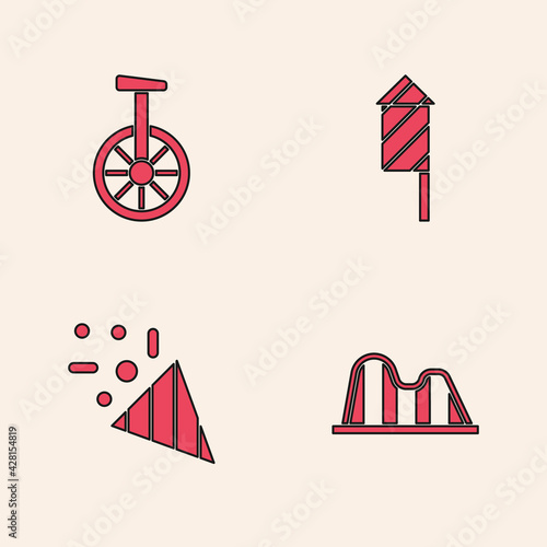 Set Roller coaster, Unicycle or one wheel bicycle, Firework rocket and Festive confetti icon. Vector