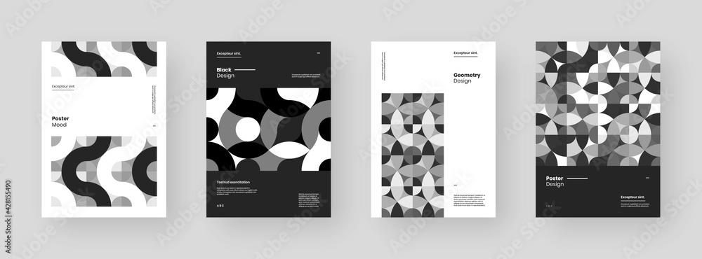 Abstract set Placards, Posters, Flyers, Banner Designs. Black and white illustration on vertical A4 format. Flat geometric shapes. Decorative ornament backdrop.