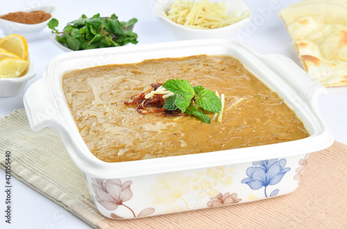 Haleem, Delicious Pakistani and Indian Famous Food, Made with meat, lentils, wheat and oat. photo