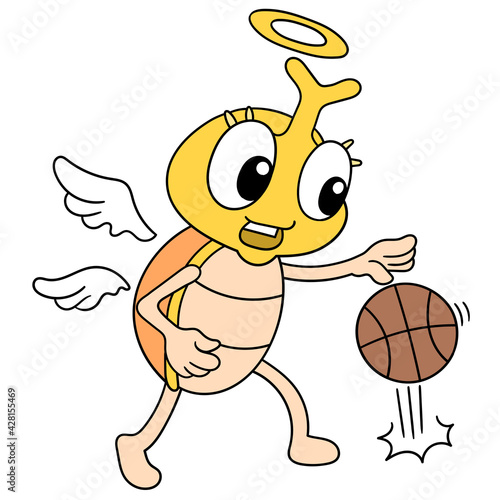 a cockroach insect with a happy face playing basketball, doodle icon image kawaii