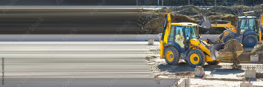 Heavy machinery at a construction site. growth of the real estate market. Construction of an apartment building. Construction of the foundation for the future office and residential building Heavy machinery at a construction site. growth of the real estate market. Construction of an apartment building. Construction of the foundation for the future office and residential building