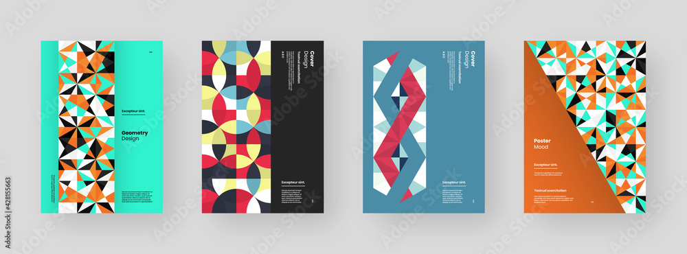 Abstract set Placards, Posters, Flyers, Banner Designs. Colorful geometric illustration on vertical A4 format. Flat shapes ornament. Decorative backdrop. Eps10