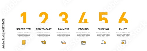 Concept of shopping process with 6 successive steps. Six colorful graphic elements. Timeline design for brochure, presentation, web site. Infographic design layout.